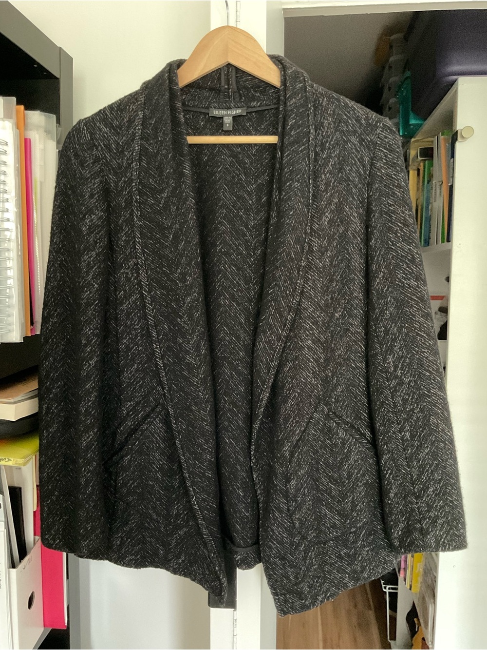 Eileen Fisher Black Heathered Open-Front Blazer
